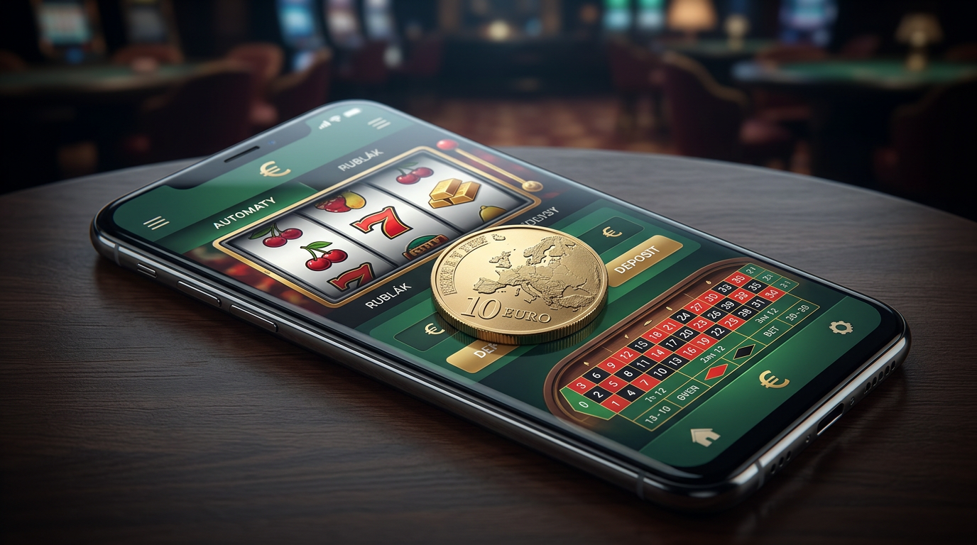 10 Euro coin on a smartphone screen with casino games