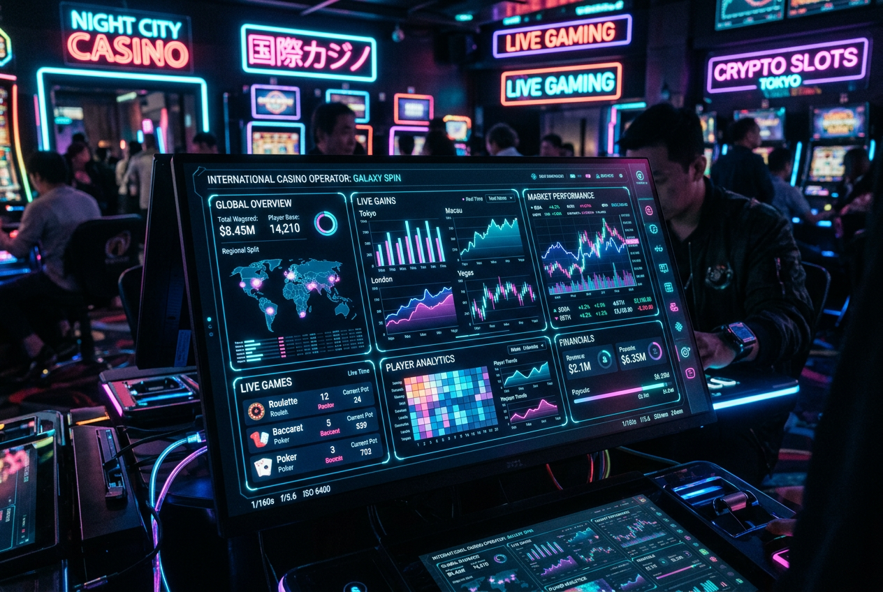 Moderní digitální rozhraní mezinárodního kasina s analytickými grafy a neonovými prvky