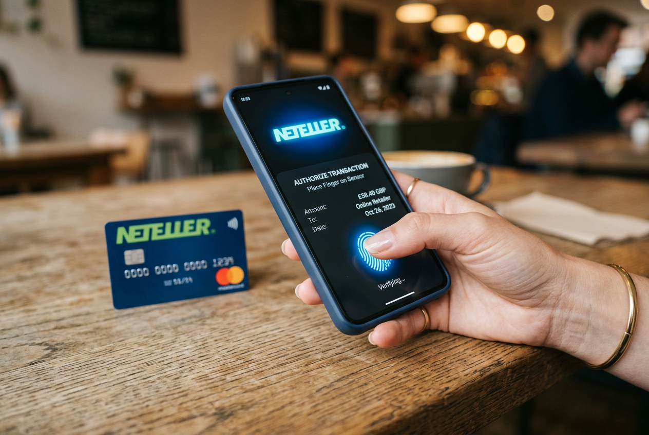Detailní záběr na biometrické potvrzení platby v mobilní aplikaci Neteller